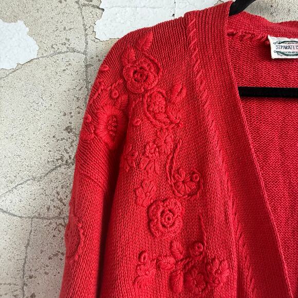 Vintage 90s Cardigan Floral Embroidered Red Sweater Women’s M Cottagecore Preppy - Picture 2 of 6